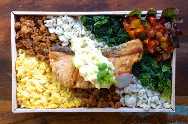 五色そぼろと鮭のムニエル